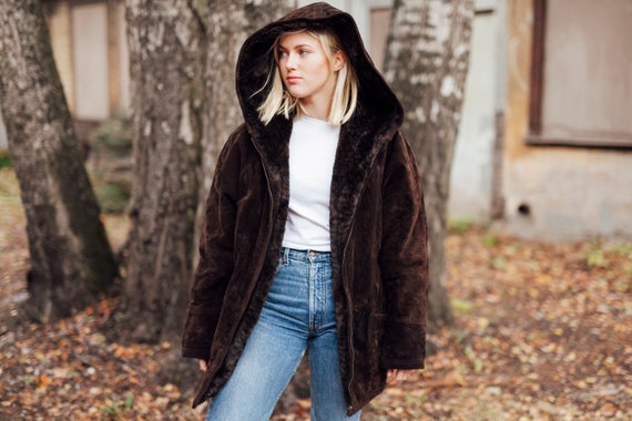 90s Suede Reversible Jacket Hooded Jacket Brown Au