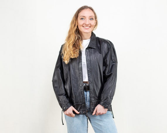 Women Leather Jacket Vintage Black 80s 