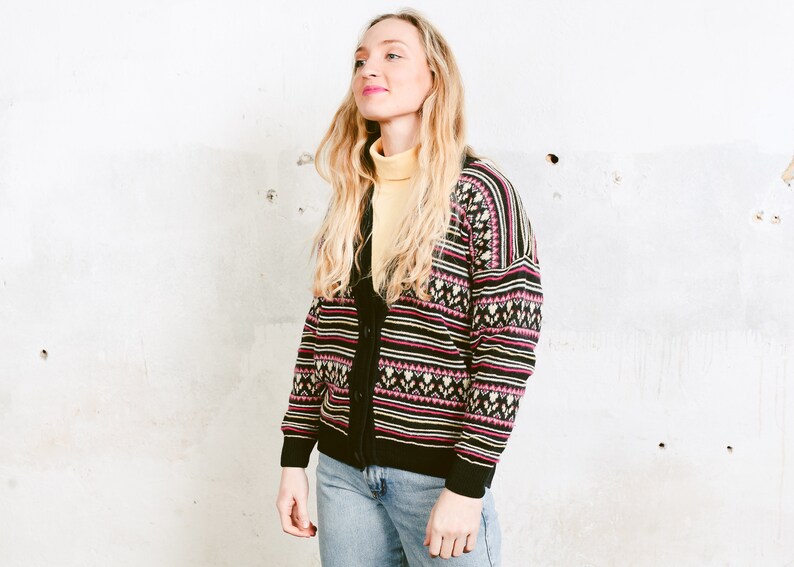 Vintage Knitwear V-Neck Cardigan Drop Shoulders Slouchy Cardigan Knit Sweater 80s Retro Clothing 80s Striped Cardigan Sweater size Large