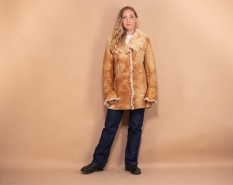 90s Vintage Shearling Coat, Boho Afghan Sheepskin, Size L