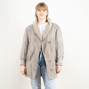 Grey Sheepskin Coat women vintage 70s shearling suede winter outerwear thick sheep fur coat retro coat 70s vintage clothing size xl