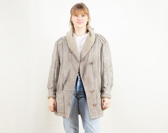 70s Vintage Grey Shearling Suede Coat, Sheepskin Winter Outerwear, Size XL