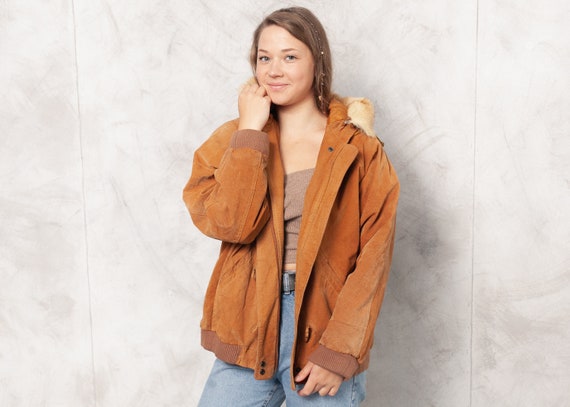 Vintage 90s Brown Suede Bomber Jacket Women Hooded