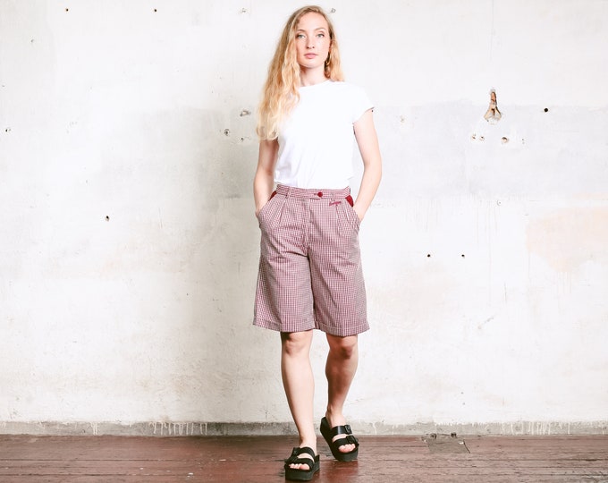 80s Gingham Bermuda Shorts . Vintage Burgundy Red Womens Shorts Checked