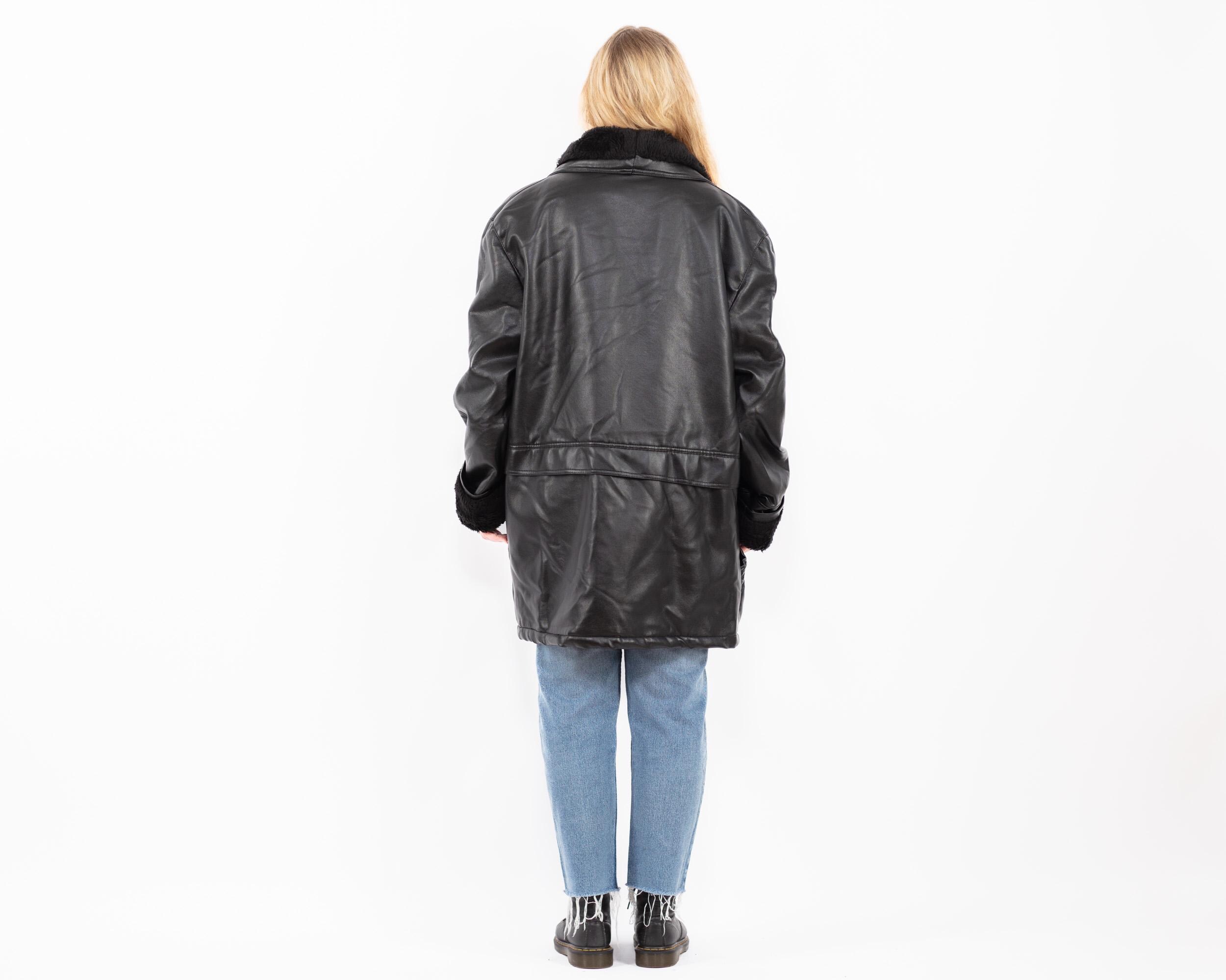 Y2K Black Faux Sheepskin Hooded Coat, Vegan Leather, Women's Size