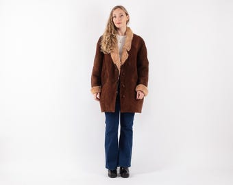 80s Vintage Brown Sheepskin Shearling Coat, Western Style, Size XXL