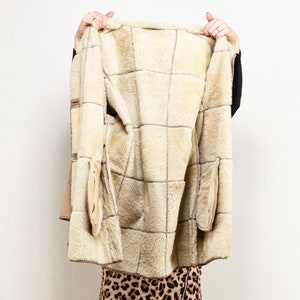 Beige Shearling Coat vintage 90's women genuine sheepskin patchwork shearl winter overcoat comfortable everyday midi boho coat size large image 4