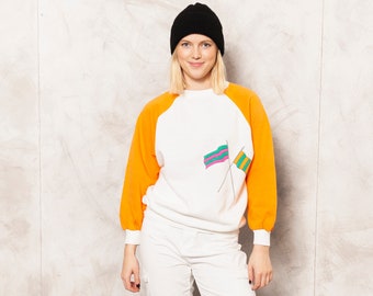 Bright Women Sweatshirt Vintage 90s White Orange Flag Pattern Pullover Crew Neck Long Sleeve Sweatshirt Women Clothing size Large