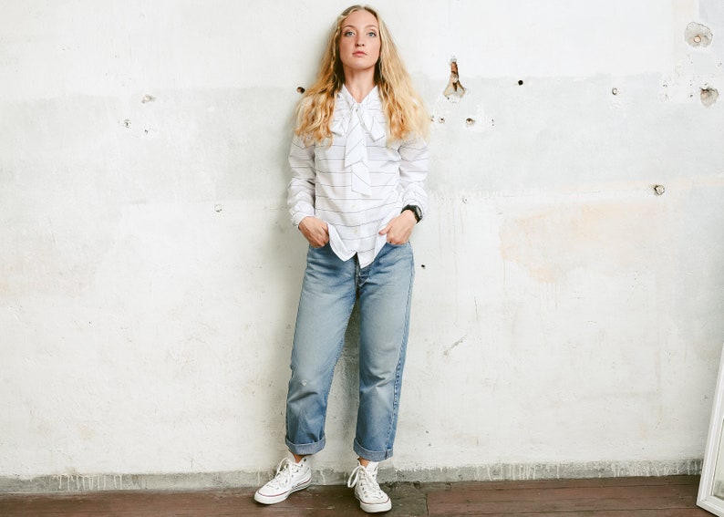size Medium Vintage White Pussybow Blouse 90s Bow Tie Blouse Button Down Striped White Shirt Tie Neck Blouse