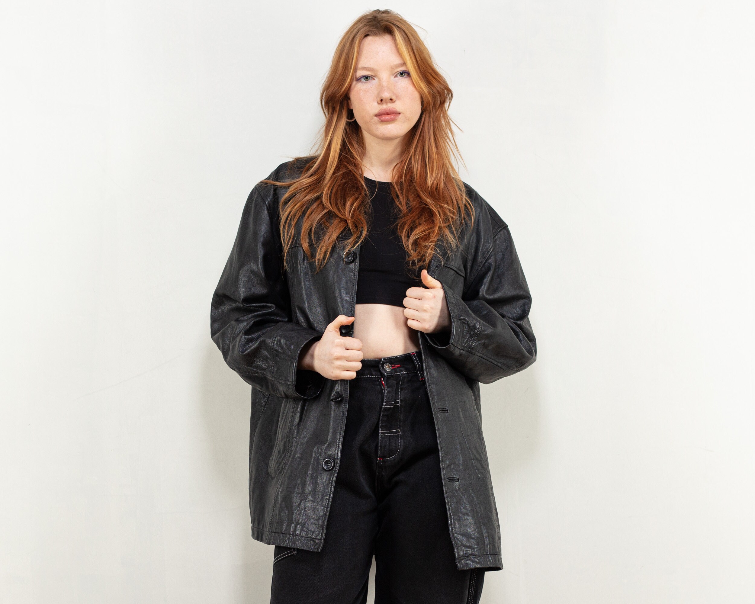 oversized leather button up