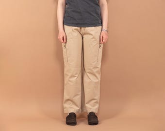 Y2K Beige Cotton Cargo Pants, Retro Streetwear, Women's Size M