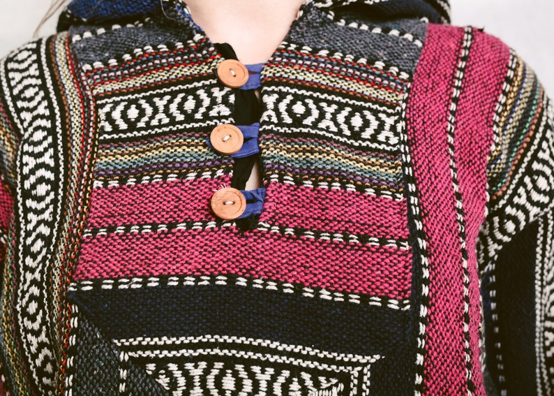 size Large Vintage Ethnic Woven Sweater Oversized Drug Rug Geometric Striped Hippie Hoodie Loose Boho Hoodie Unisex Baja Hoodie