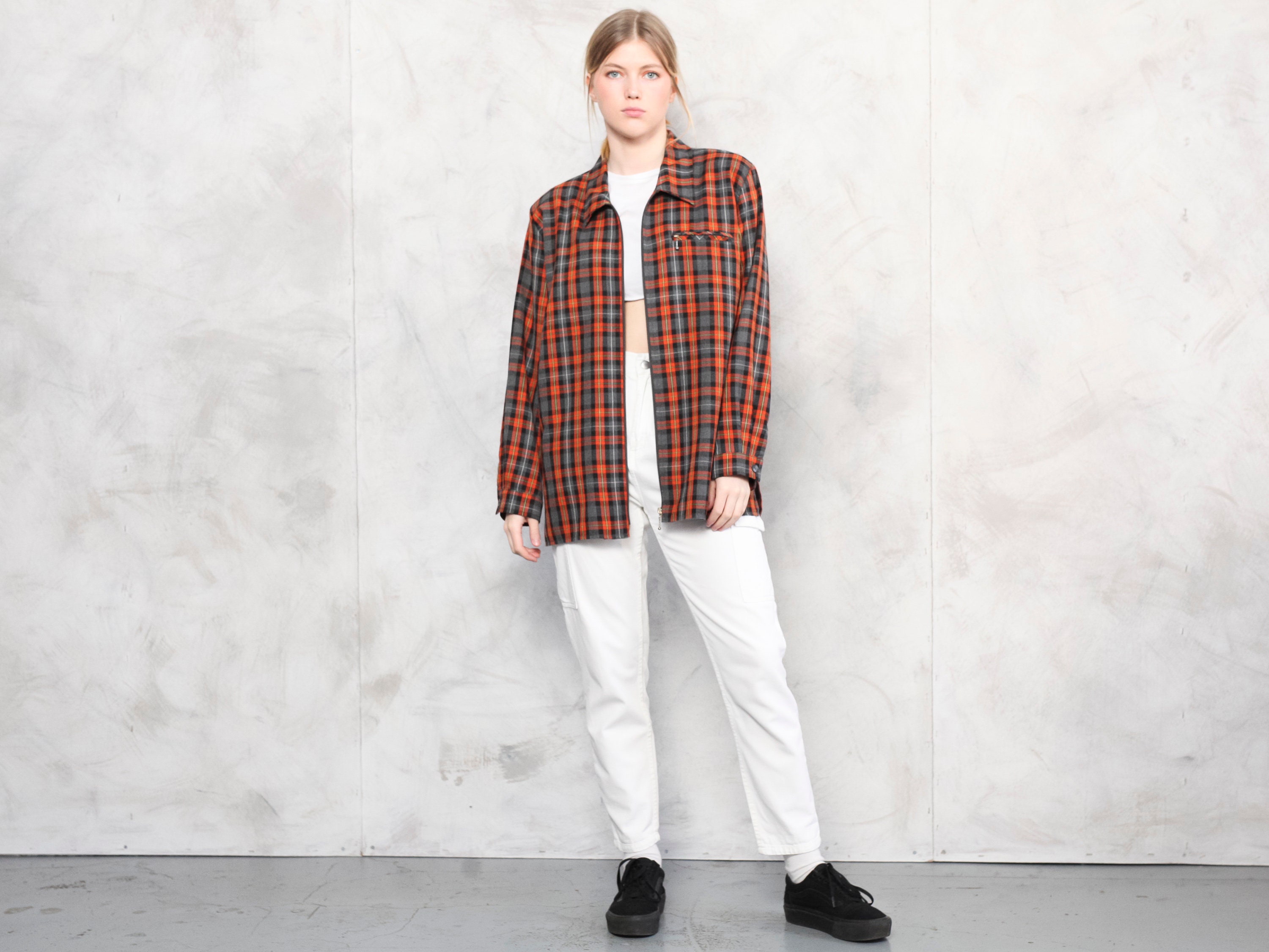Plaid Oversized Shirt Zip up Shirt 