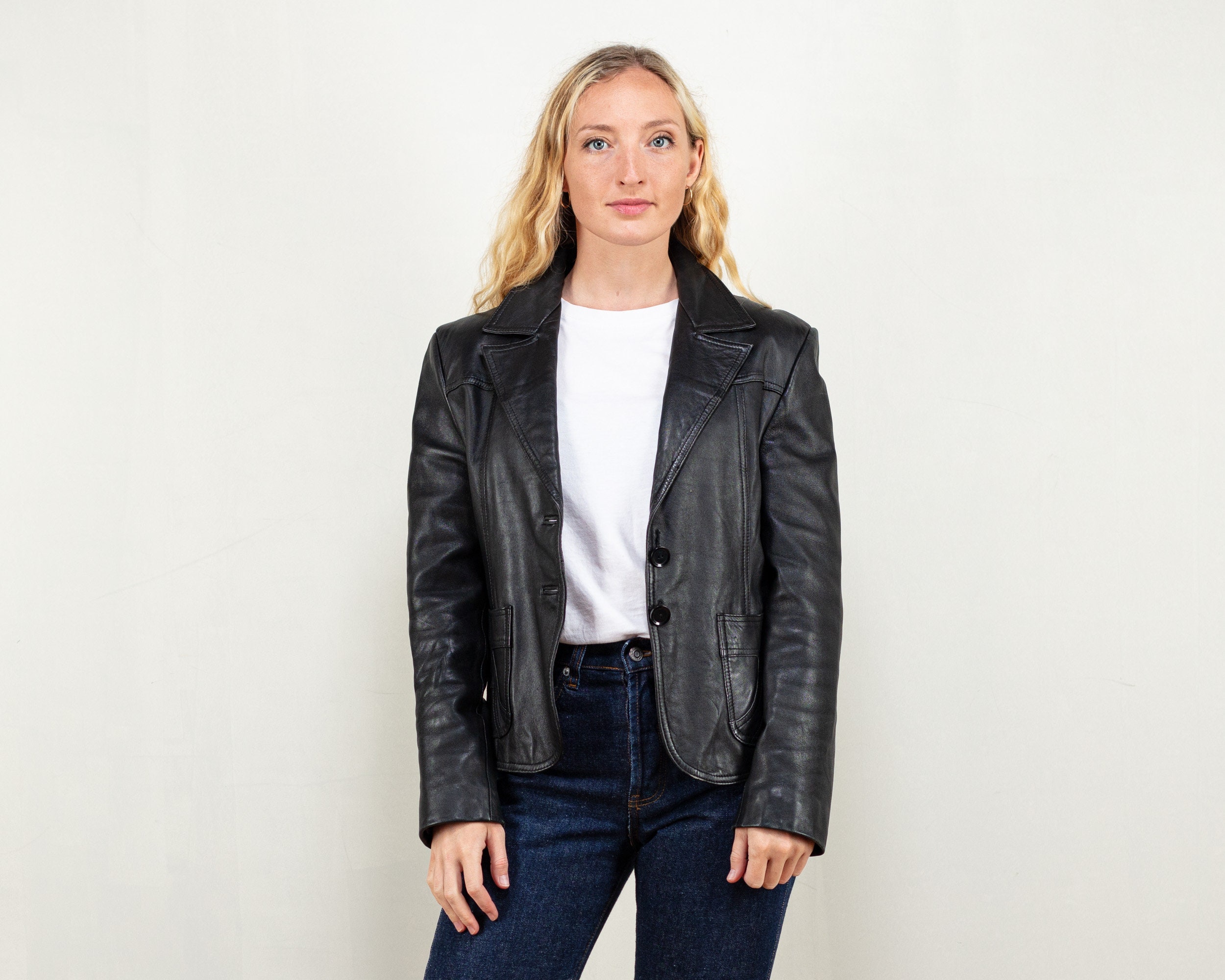Black Leather Jacket 90s Women Leather Blazer Jacket Casual - Etsy Denmark