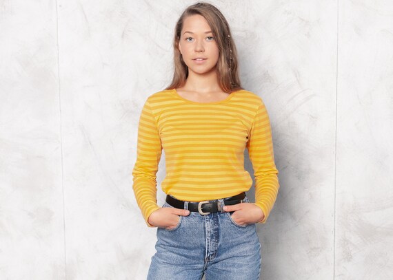 Vintage 90s MARIMEKKO Yellow Striped Tee 90s Cotto