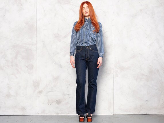 Women 70s Pants Blue Jeans Retro Denim 