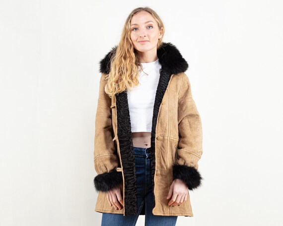 Women Sheepskin Coat Vintage 80s Beige 