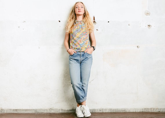 60s Mod Top . Vintage Psychedelic Print Top Crepe