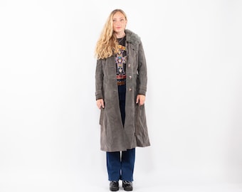 70s Suede Sherpa Coat, Vintage Boho Overcoat, Size S