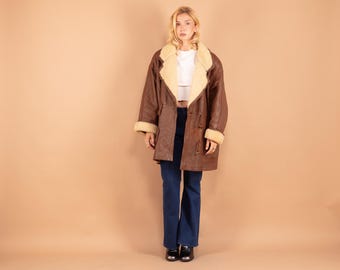 Vintage 80s Brown Shearling Coat Women’s Oversized Leather Sheepskin Jacket Cream Collar Winter Coat