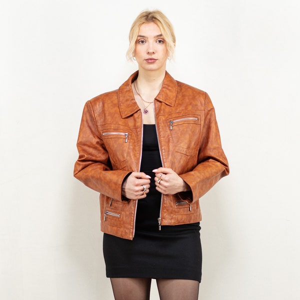 Blouson aviateur en cuir pour femme vintage des années 80, motard, blouson en cuir zippé pour femme, style streetwear punk grunge avant-gardiste, taille grand L