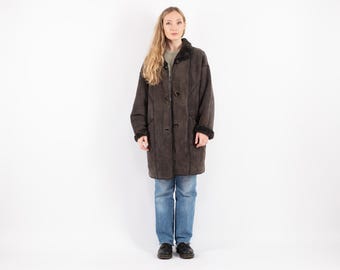 80s Gray Brown Sheepskin Shearling Coat, Size L Shearling Overcoat, Western Barn Coat, Vintage Outerwear, Womens Clothing, NorthernGirlStore