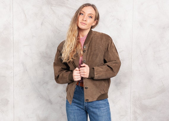 Vintage 80s Brown Suede Bomber Jacket . Vintage Le