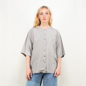 Grey Silk Blouse vintage classic shirt retro summer gray minimalist blouse women short sleeve shirt vintage clothing size large image 1
