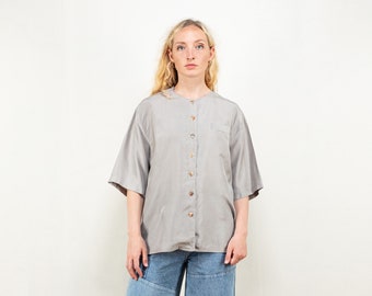 Grey Silk Blouse vintage classic shirt retro summer gray minimalist blouse women short sleeve shirt vintage clothing size large