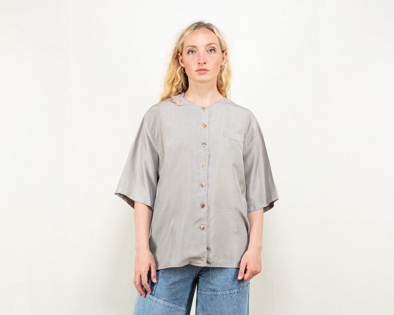 Grey Silk Blouse vintage classic shirt retro summer gray minimalist blouse women short sleeve shirt vintage clothing size large image 1