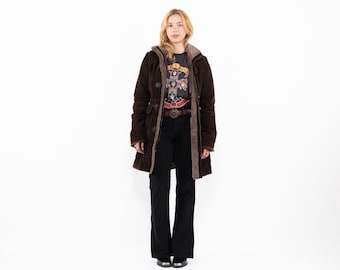 Vintage Rino Pelle Women’s Brown Faux Shearling Coat Faux Suede Teddy Lined Winter Coat 00s Y2K Long Jacket Size S