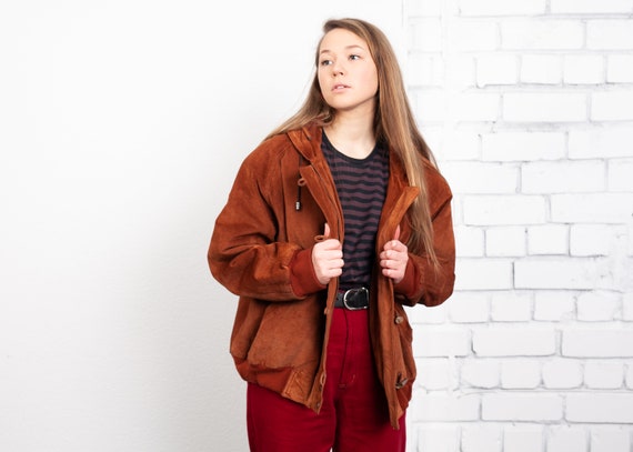 90s Padded Suede Bomber Jacket . Women Brown Leath