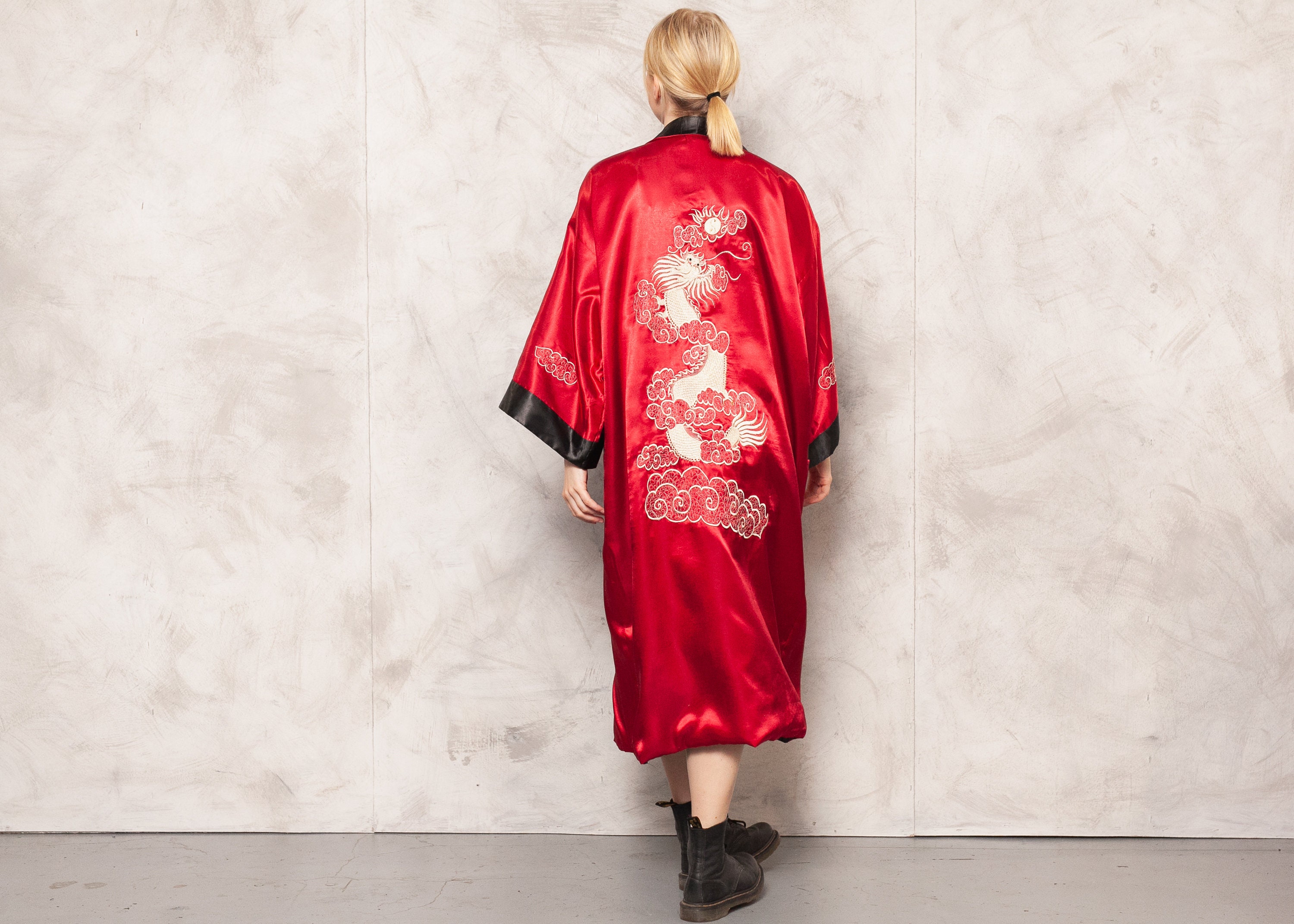 Herren Bademantel Kimono Damen  Robe Kleid Rot Schwarz Blau Chinesische Seide 