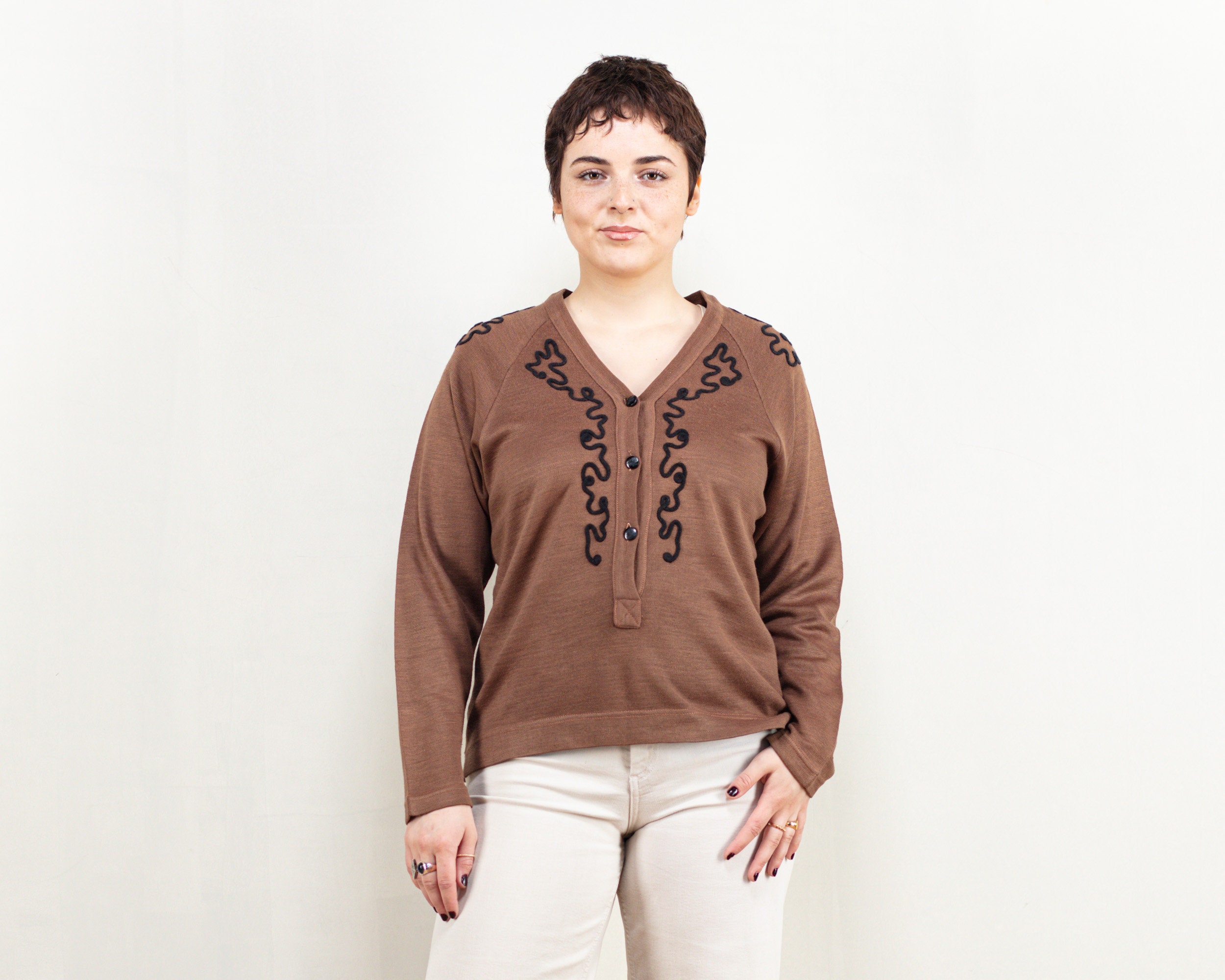 Brown Pullover Sweater Vintage 70s 3/4 