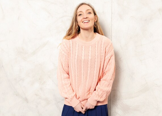 NorthernGirlStore Coral Knitted Sweater Vintage Braided Pullover 90s Cable Knit Preppy Sweater Retro Ski Jumper Winter Pink Knitwear Women Clothing Size Large