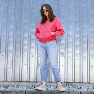 90s Womens Red Bomber Jacket . Lightweight Autumn Jacket Vintage Outerwear Button Up Jacket 1990s Clothing Girlfriend Wear . size Medium image 4