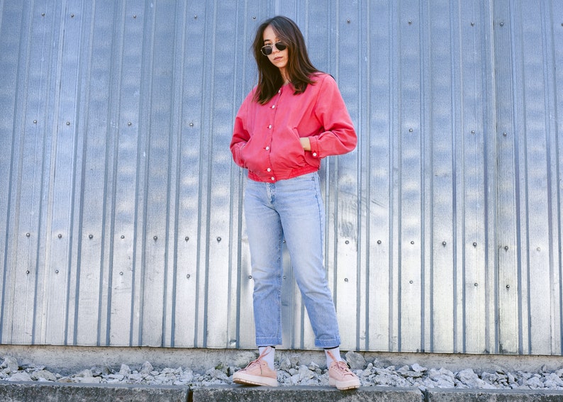 90s Womens Red Bomber Jacket . Lightweight Autumn Jacket Vintage Outerwear Button Up Jacket 1990s Clothing Girlfriend Wear . size Medium image 4