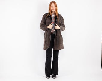 90s Gray Sheepskin Shearling Overcoat, Vintage Western Barn Coat, Size L