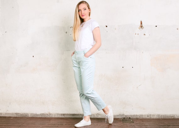 90s Pastel Blue Cotton Pants . Check Print Plaid Trousers Vintage