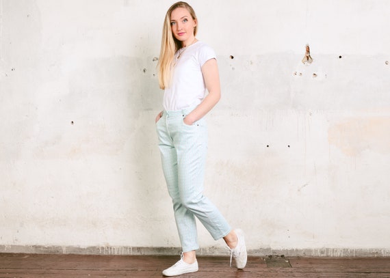 90s Pastel Blue Cotton Pants . Check Print Plaid … - image 2