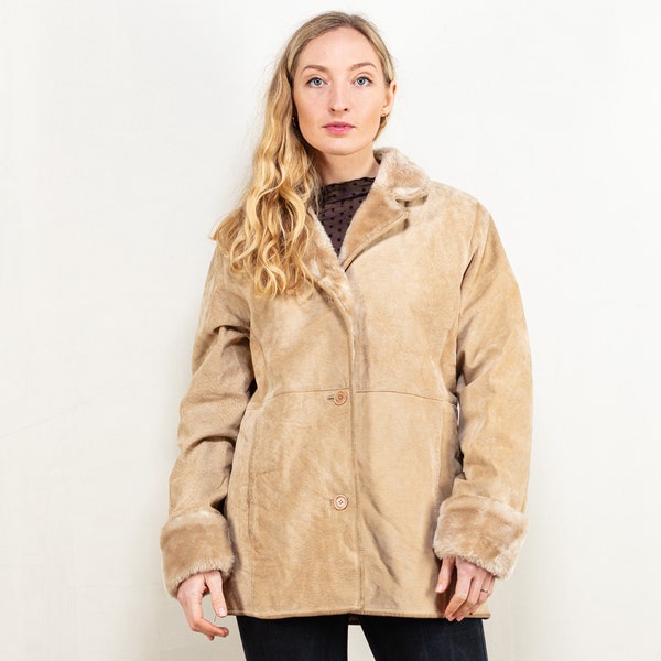 Veste Sherpa en daim vintage des années 90 pour femme blazer en cuir imitation peau de mouton daim beige doublure sherpa douce pardessus vêtement d'extérieur vintage petite taille