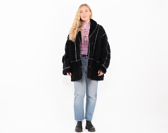 90s Black Suede Sherpa Coat, Vintage Faux Shearling Overcoat, Size XXL