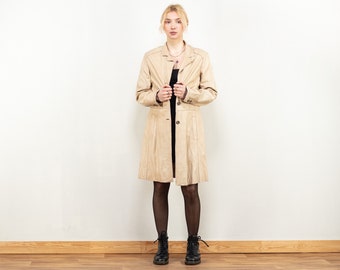 Manteau en cuir à boutonnage simple vintage des années 90 pour femmes, manteau en cuir véritable beige minimaliste décontracté en cuir d'agneau léger, taille moyenne