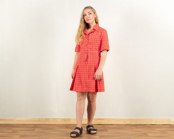 70s Check Dress retro mod dress red checkered dre… - image 1