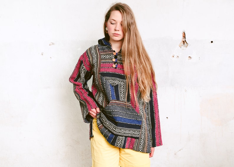 size Large Vintage Ethnic Woven Sweater Oversized Drug Rug Geometric Striped Hippie Hoodie Loose Boho Hoodie Unisex Baja Hoodie