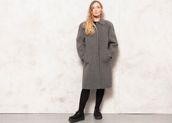 Grey Wool Coat Vintage 80s Casual Coat Women Retro