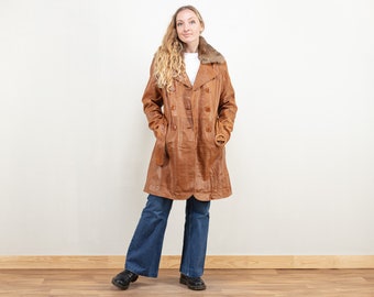 Mujeres cuero abrigo vintage 90s marrón cuero abrigo chaqueta larga penny lane abrigo afgano abrigo real piel cuello abrigo vintage ropa tamaño mediano