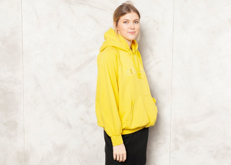 Yellow CHAMPION Sweatshirt Vintage 90s Hooded Women Pullover Cotton Blend Hoodie Cozy Home Sweatshirt Women Clothing size Extra Large XL image 4