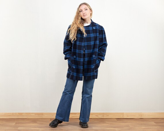 Plaid Wool Coat Blue Short Coat Check 