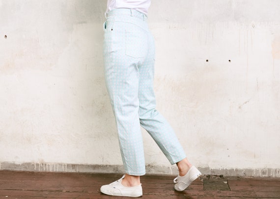 90s Pastel Blue Cotton Pants . Check Print Plaid … - image 4